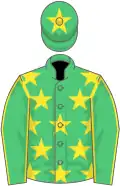 Emerald green, yellow stars, seams on sleeves, star on cap