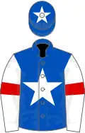 Blue, white star, white sleeves, red armlets, blue cap, white star