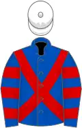 Royal blue, red cross belts, hooped sleeves, white cap