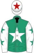 Emerald green, white star, white sleeves, green stars, white cap, red star