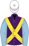 Purple, yellow cross belts, light blue sleeves, white cap