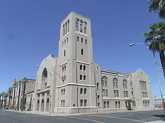 The First Baptist Church was built in 1923 and is located at 302 W. Monroe Street. The First Baptist Church is an Italian Gothic design by Phoenix architectural firm Fitzhugh & Byron. It was badly damaged by fire in 1980 and has been abandoned since. the structure is listed in the National Register of Historic Places.