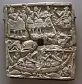 Bas-relief of a banquet and boating scene, 3000-2334 BCE, Kish (Sumer).[73]