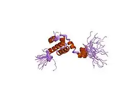 1om2: SOLUTION NMR STRUCTURE OF THE MITOCHONDRIAL PROTEIN IMPORT RECEPTOR TOM20 FROM RAT IN A COMPLEX WITH A PRESEQUENCE PEPTIDE DERIVED FROM RAT ALDEHYDE DEHYDROGENASE (ALDH)