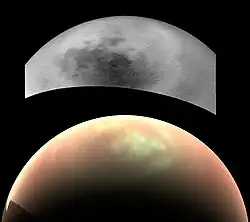 Two images of Titan's north pole, with one showing methane clouds