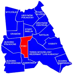 Location of the City Information System area of Pyry, within the district of Ursynów in Warsaw.