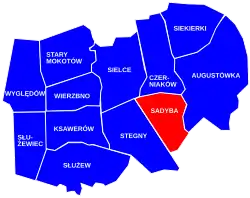 The location of the City Information System area of Sadyba within the district of Mokotów