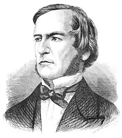Black-and-white drawing of a man with sideburns, dressed in a dark formal attire with a white high-collared shirt