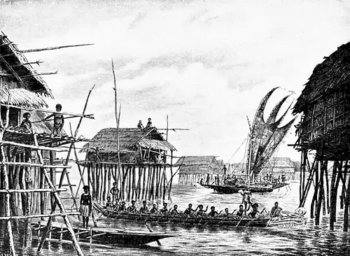 Image 59Papuan lake dwellings with a lakatoi under sail, 1898 or before (from History of Papua New Guinea)