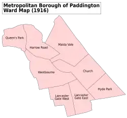 A map showing the Lancaster Gate wards of the Metropolitan Borough of Paddington as they appeared in 1916.