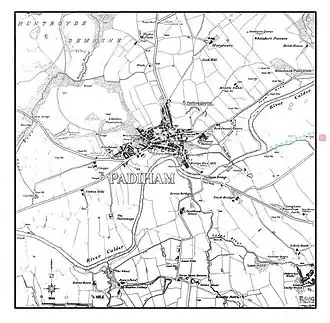 Padiham c. 1844, highlighting the modified route.