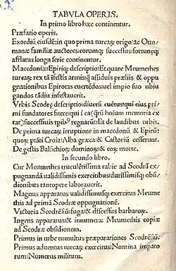 Page from Table of Contents of De obsidione Scodrensi, 1504