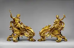 Pair of French Rococo firedogs (chenets); c. 1750; gilt bronze; dimensions of the first: 52.7 x 48.3 x 26.7 cm, of the second: 45.1 x 49.1 x 24.8 cm; Metropolitan Museum of Art