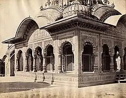 Samuel Bourne, "Upper Portion of the Palace, Goverdhun, 1312," 1863–1869, photograph mounted on cardboard sheet