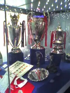 Three silver trophies on blue plinths in a glass display case.