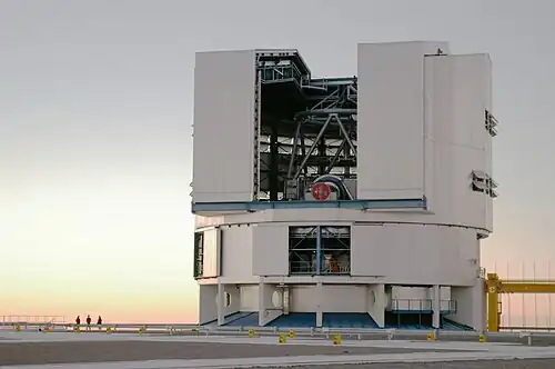 One of the 8.2 m (320 in) telescopes at Paranal Observatory. The entire building constitutes the altazimuth mount, saving on mass and cost.