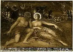 Paris and Oenone, brush drawing in brown wash