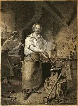 Black and white engraving of a white man in a loose white shirt and a leather apron working at an anvil