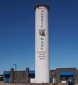 The Peavey-Haglin elevator, built in 1899-1900, still stands today. The sign painted on it advertises Nordic Ware, the current owner of the structure.