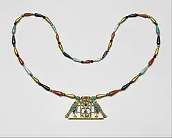 Pectoral and necklace of Princess Sithathoriunet; 1887–1813 BC; gold, carnelian, lapis lazuli, turquoise, garnet & feldspar; height of the pectoral: 4.5 cm; Metropolitan Museum of Art (New York City)