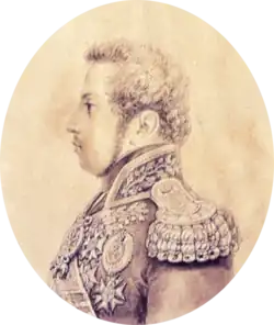 Half-length pencil or silverpoint sketch showing a young man with curly hair and long sideburns facing left who is wearing an elaborate embroidered military tunic with heavy gold epaulets, sash and medals