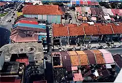 Colonial shophouses with Back Lane in George Town, Penang, 1991