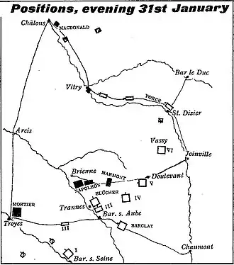Map shows the positions of the armies on 31 January 1814 prior to the Battle of La Rothière.