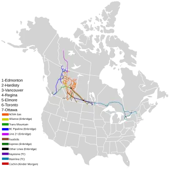 All Canadian Energy Regulator managed pipelines originating from Alberta