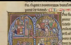 A dismounted knight leading a band of mounted knights carries a torch toward a town.