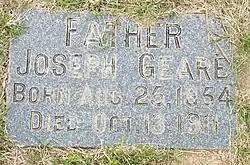 Grave of Joseph Geare (1854–1911), son of Hubert and Margaret who founded the Central Avenue Dairy on the land that is now Park Central Mall.