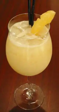Image 6Piña colada, a cocktail made with rum, cream of coconut, and pineapple juice, usually served either blended or shaken with ice. It may be garnished with either a pineapple wedge, maraschino cherry, or both. The drink originated in Puerto Rico. (from List of national drinks)