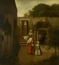 A Woman and Child in a Courtyard, showing the stairs and arbour from another angle (HdG 294)