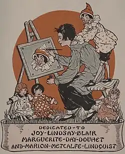 Illustration of a woman painting Pinocchio, as Pinocchio stands behind her. She is surrounded by dolls, and written below her is "Dedicated To Joy Lindsay Blair, Marguerite Day Douhet, and Mario Metcalfe Lindquist".