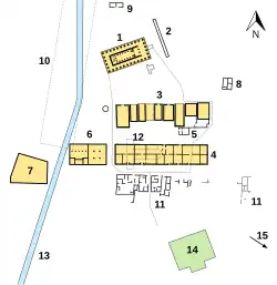 A map of the Sanctuary of Zeus at Nemea. The Heroon lies at the bottom-left corner at location 7 and is polygonal in shape. Other structures indicated in this map include the Temple of Zeus, the Altar of Zeus, the treasuries, the Xenon, the Hestiatorion, the Baths, the East House, the North House, the Archaic Stadium, other houses, the Early Christian Basilica Church, the river in Early Christian times, and the modern Archaeological Museum.