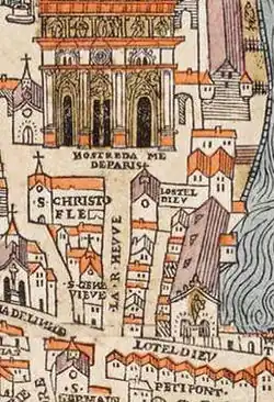 Detail of a 1550 map of Paris showing the extent of the parvis in the Middle Ages