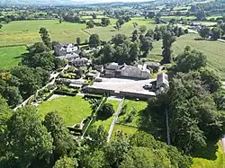 Aerial view of the gardens of Llanrhaiadr Hall