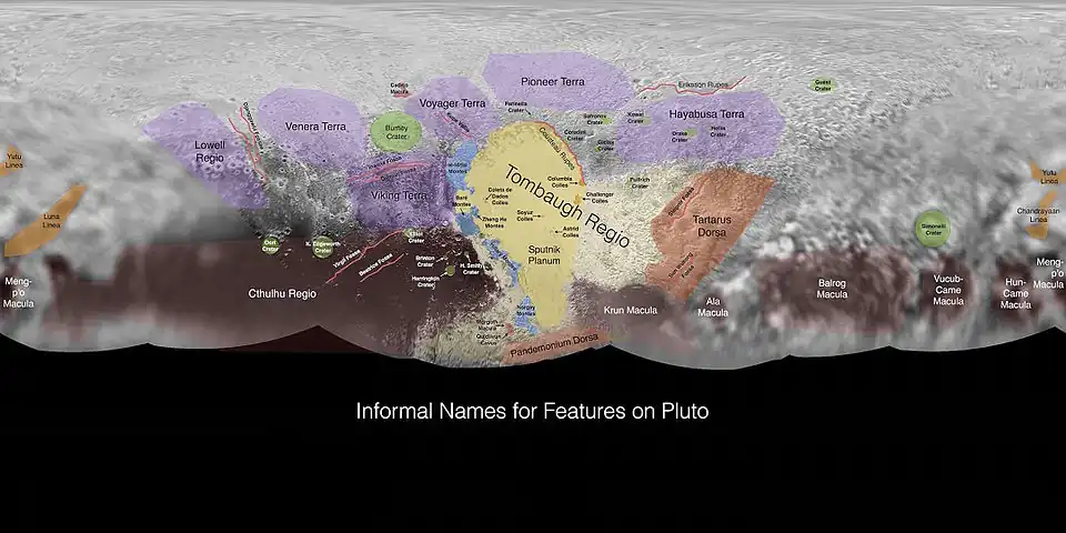 The portions of Pluto's surface mapped by New Horizons. Center is 180 degrees longitude (diametrically opposite the moon Charon).