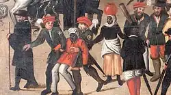 A fragment of a Flemish-style painting depicting a black man who cannot stand being carried by two white men in green jackets and red hats with a badge on their left arms. A black woman carrying a pitcher on her head and a two white men in the same uniform watch.