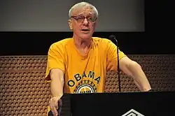 Robert Christgau wearing an Obama shirt