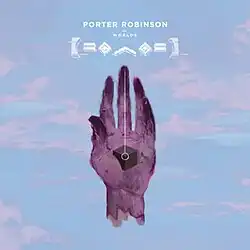 The artwork features a purple hand suspended in front of a pastel blue and pink cloudy sky. The hand has a cube at its center with a white circle and line connecting them. Above the hand, the texts "Porter Robinson" and "Worlds" are shown, along with Worlds's logomark, an emoticon of a frowning face.