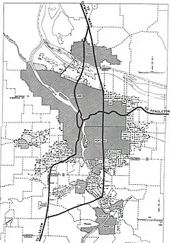 Black-and-white map of the Portland area showing several highways bisecting the city.
