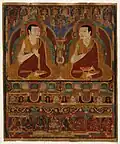 13th century painted thangka of mineral pigments and gold on cotton cloth of two Taklung Lamas, Taklung Monastery, Tibet