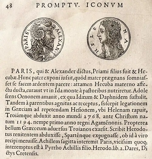 Woodcut portraits of Paris and Helen of Troy, in a round format with the names in circular inscriptions inside the portrait edge. There is a biographical text in Latin below them.