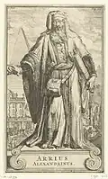 Engraving depicting Arius (250 or 256 – 336), from ‘Historie der Kerken en Ketteren van den beginne des Nieuwen Testaments tot aan het Jaar onses Heeren 1688. […]’ (transl.: History of Churches and Heretics from the start of the New Testament until the year of our lord 1688 …), by Gottfried Arnold.
