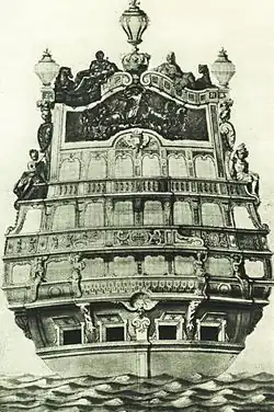 Bérain design for transom of the warship Soleil Royal named for Louis XIV (1670)