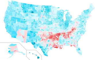 Change in vote margins at the county level from the 2004 election to the 2008 election.[c] Obama made dramatic gains in every region of the country except for Arizona (McCain's home state), Alaska (Palin's home state), Appalachia, and the inner South, where McCain improved over Bush.