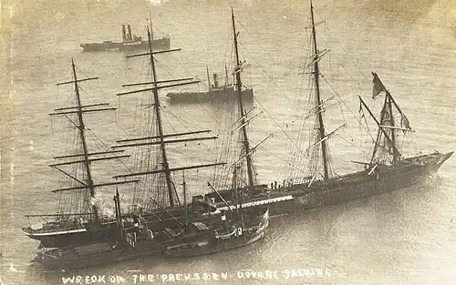 Preussen with tugs, Crab Bay, England, 1910