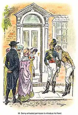 Two young men bow to a group of young ladies.