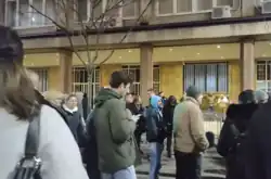 A protest in front of the building of RIK a day after the elections