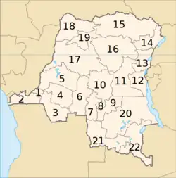 Provinces of the DRC in 1964. 17 – Cuvette-Centrale. 18 – Ubangi. 19 – Moyen-Congo